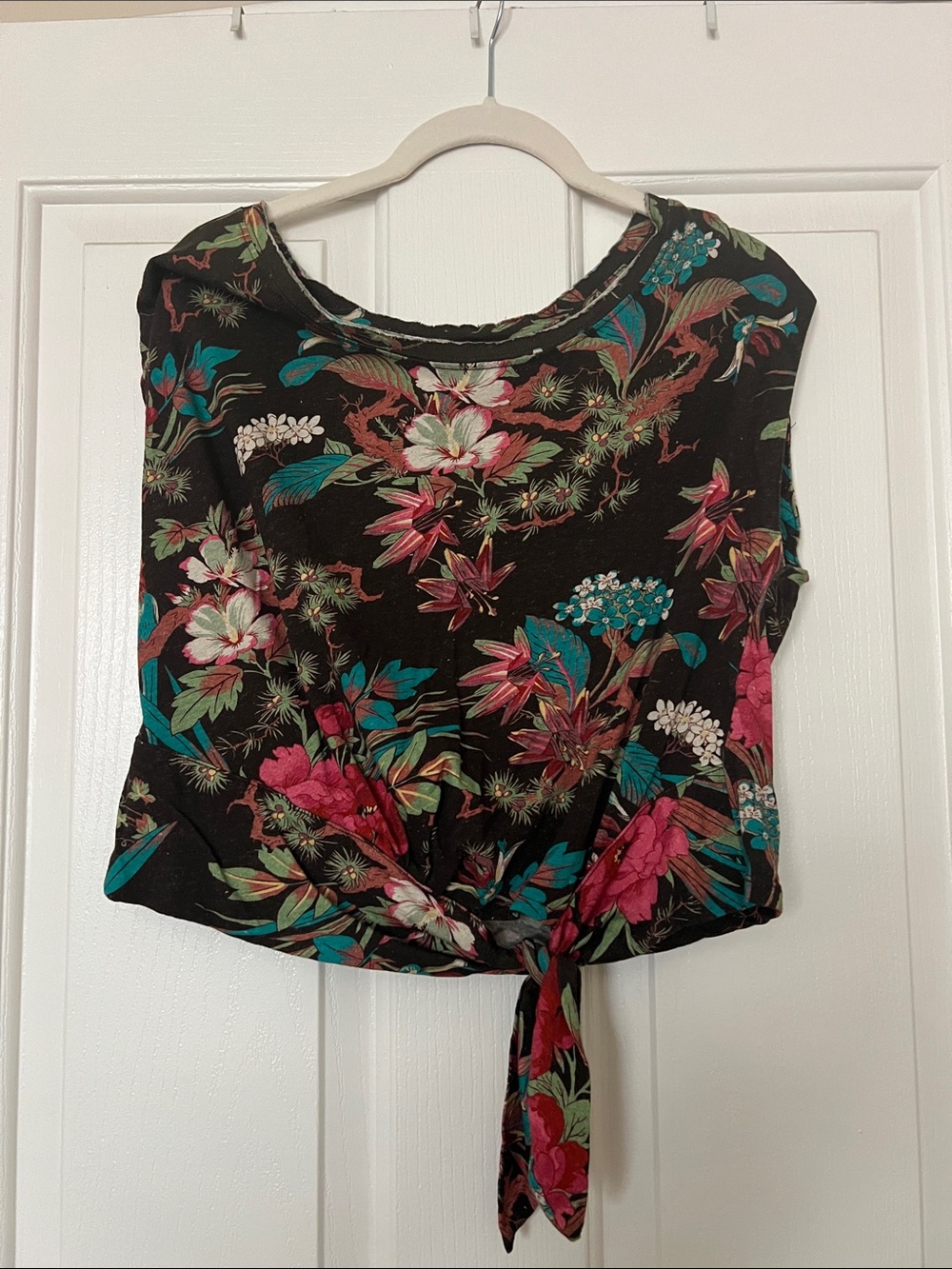 Floral Tie-Front Women’s Top - Black with Pink & Teal Flowers